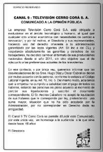 Comunicado Canal 9